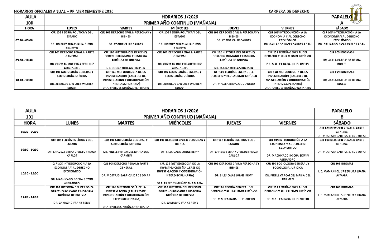 HORARIOS OFICIALES ANUAL PRIMER SEMESTRE 2026 CARRERA DE DERECHO - Studocu
