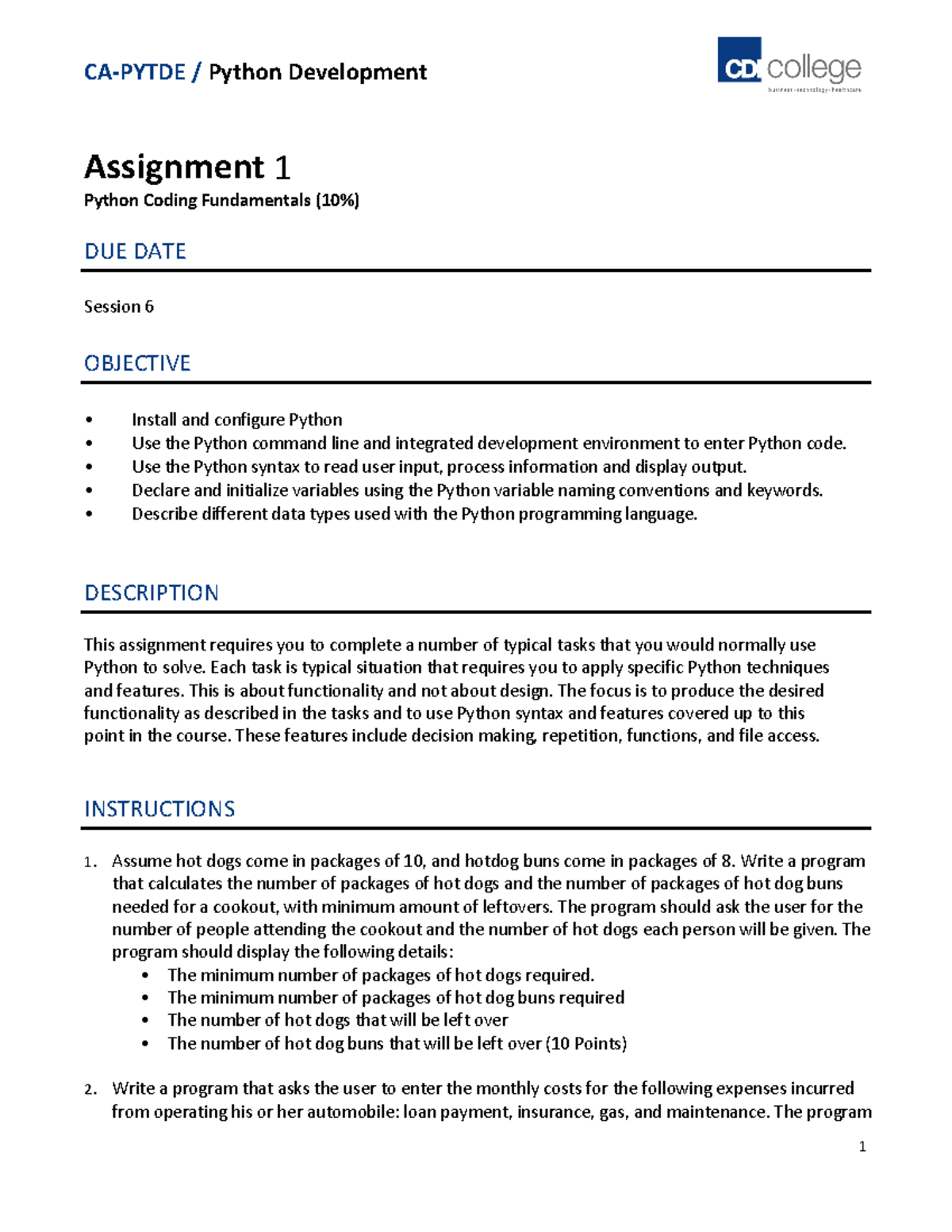 CA-Pytde Assignment 1: Python Coding Fundamentals Instructions - Studocu