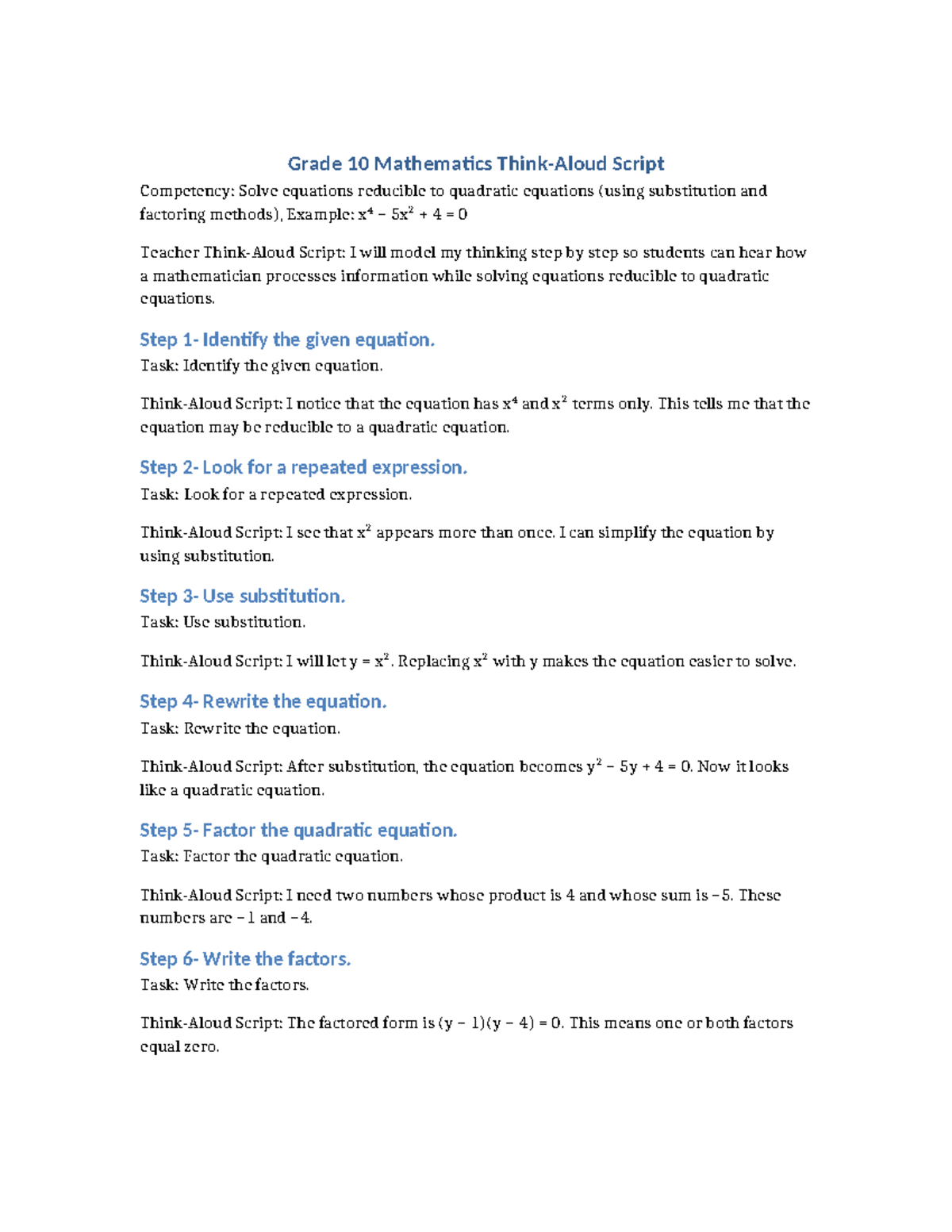 Grade 10 Math: Think Aloud Script for Quadratic Equations - Studocu
