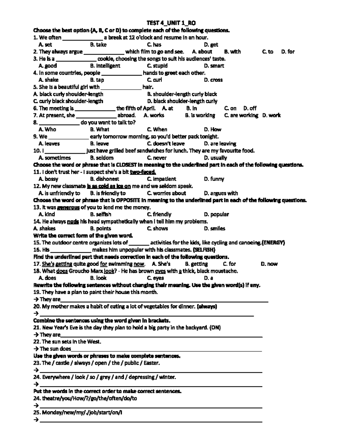 TEST4_UNIT 1_RO Multiple Choice Questions and Sentence Corrections ...