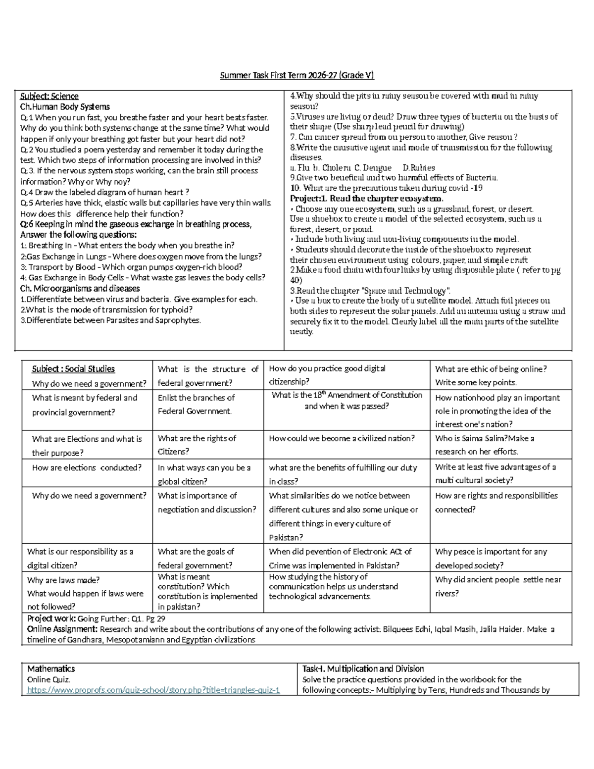 Summer Task Grade V: Science & Social Studies Projects and Questions ...