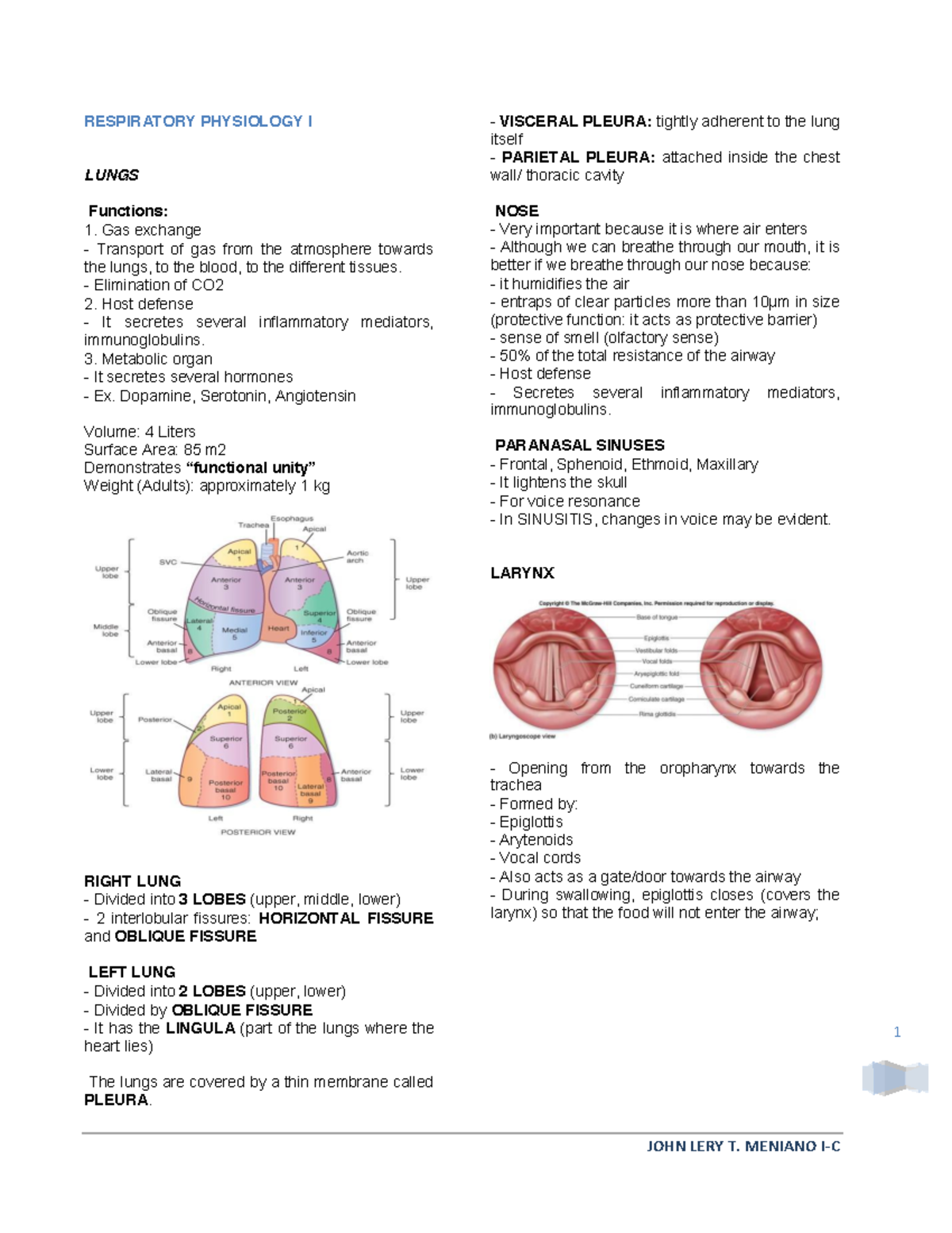 [Physio A] Lecture Notes on Respiratory Physiology - Mendoza - Studocu