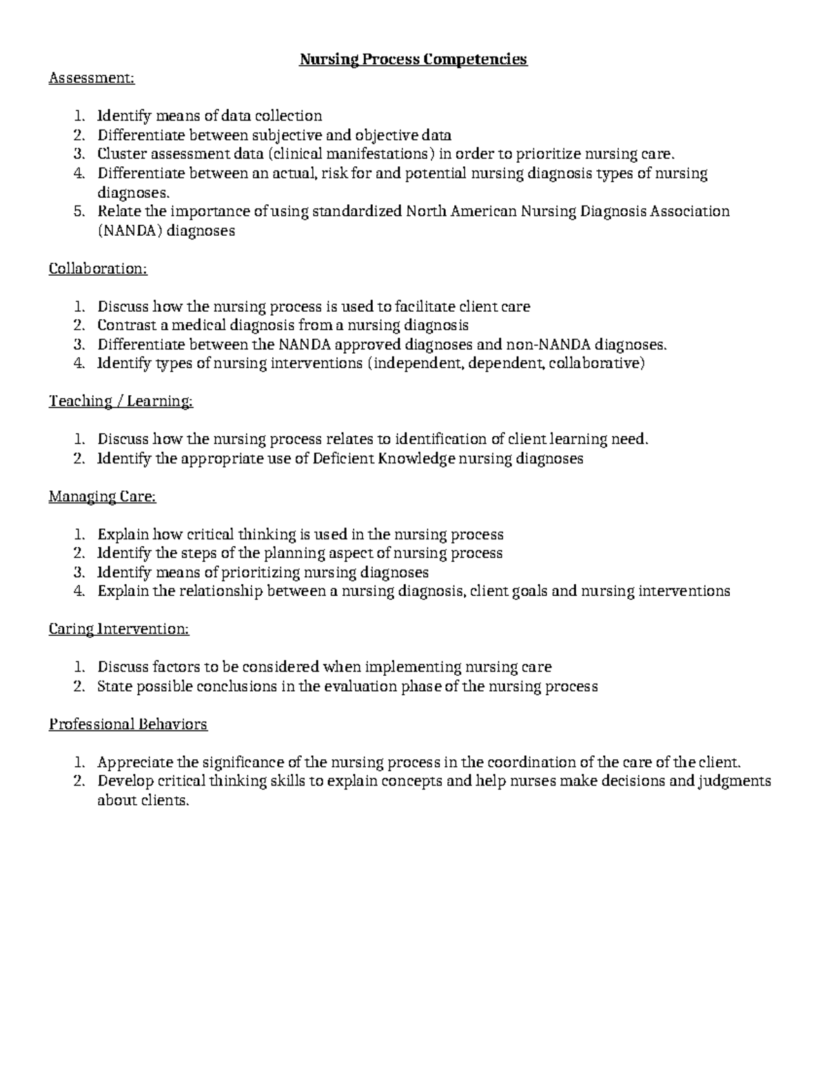 Nursing Process Competencies: Assessment, Collaboration, and Care - Studocu