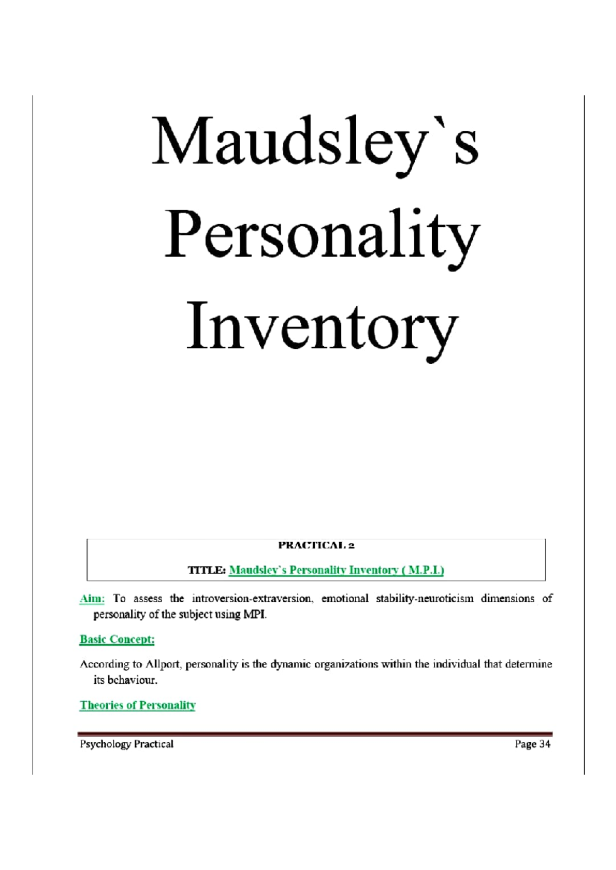 Maudsley's Personality Inventory Report (MPI) - Analysis and Results ...