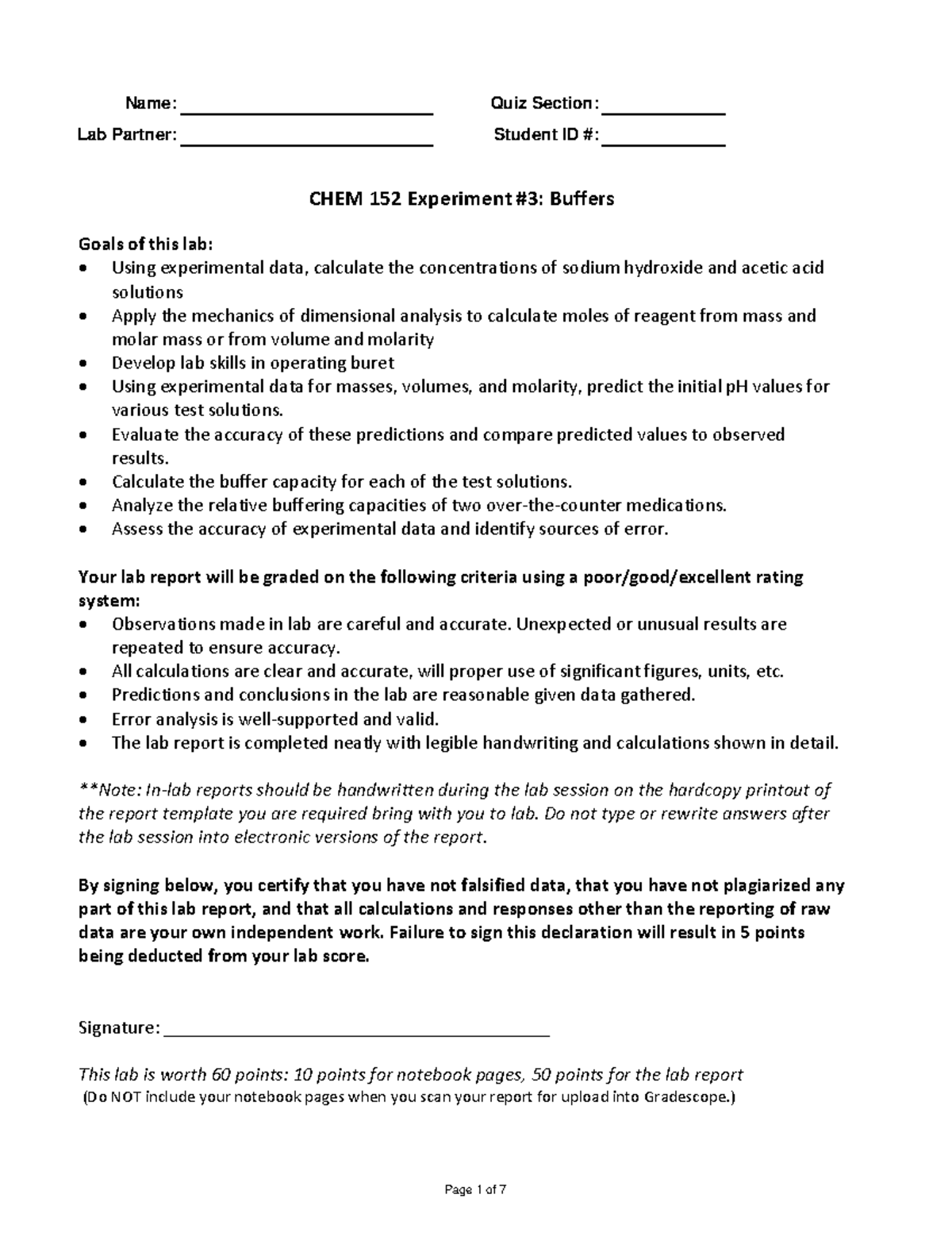 CHEM 152 Quiz: Buffers Experiment Lab Report and Analysis - Studocu