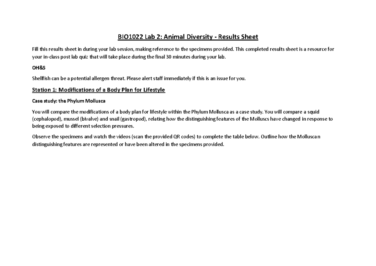 BIO1022 Lab 2: Final Results on Animal Diversity and Skeletons - Studocu