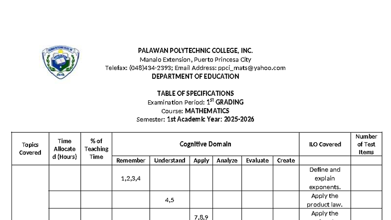 TOS-Mathematics 1st Grading Exam Specifications - Palawan Polytechnic ...