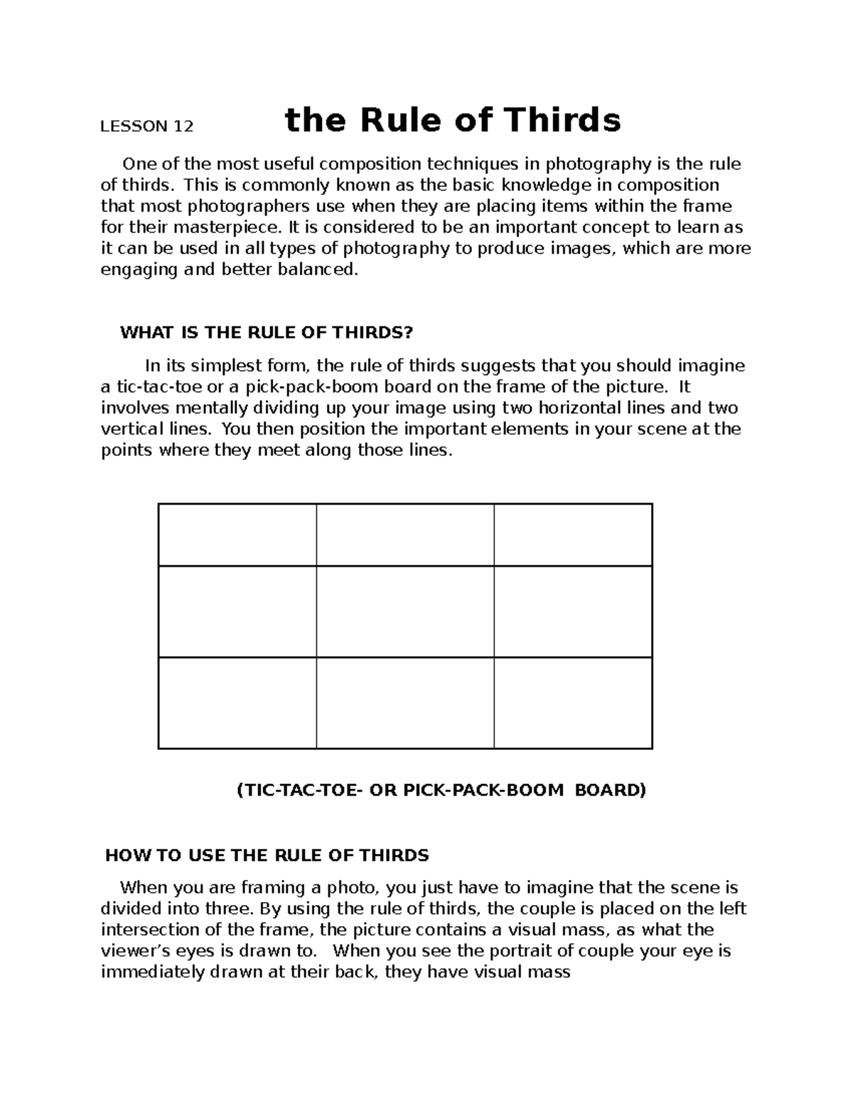 Art appreciation Lesson 12 - LESSON 12 the Rule of Thirds One of the ...