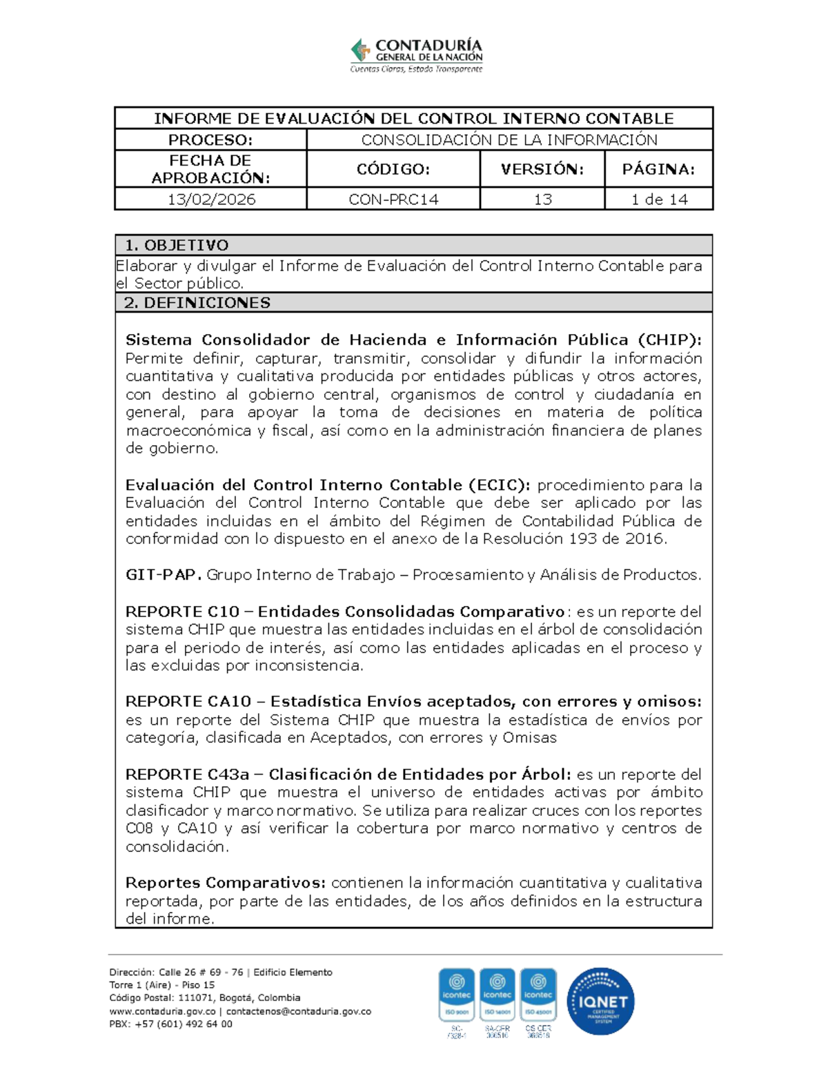 CON-PRC14 - Informe de Evaluación del Control Interno Contable - Studocu