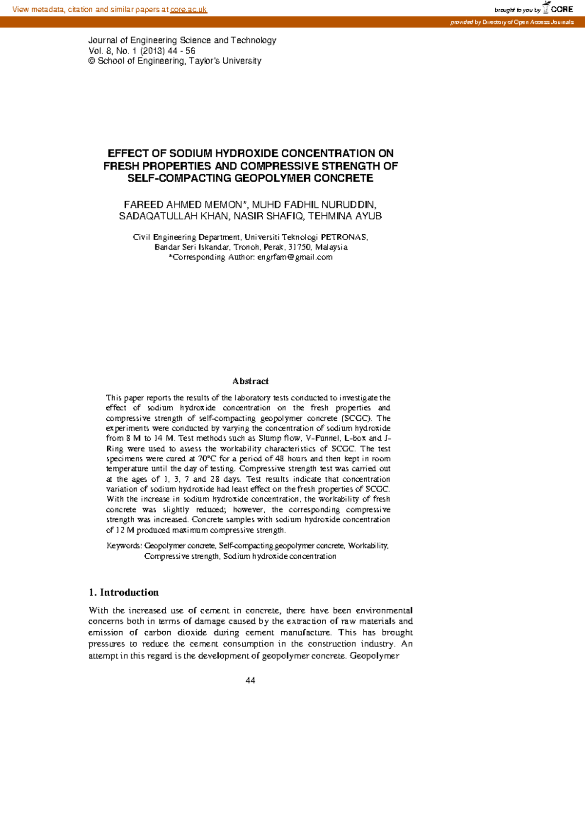 Effect of NaOH Concentration on Fresh Properties & Strength of SCGC ...