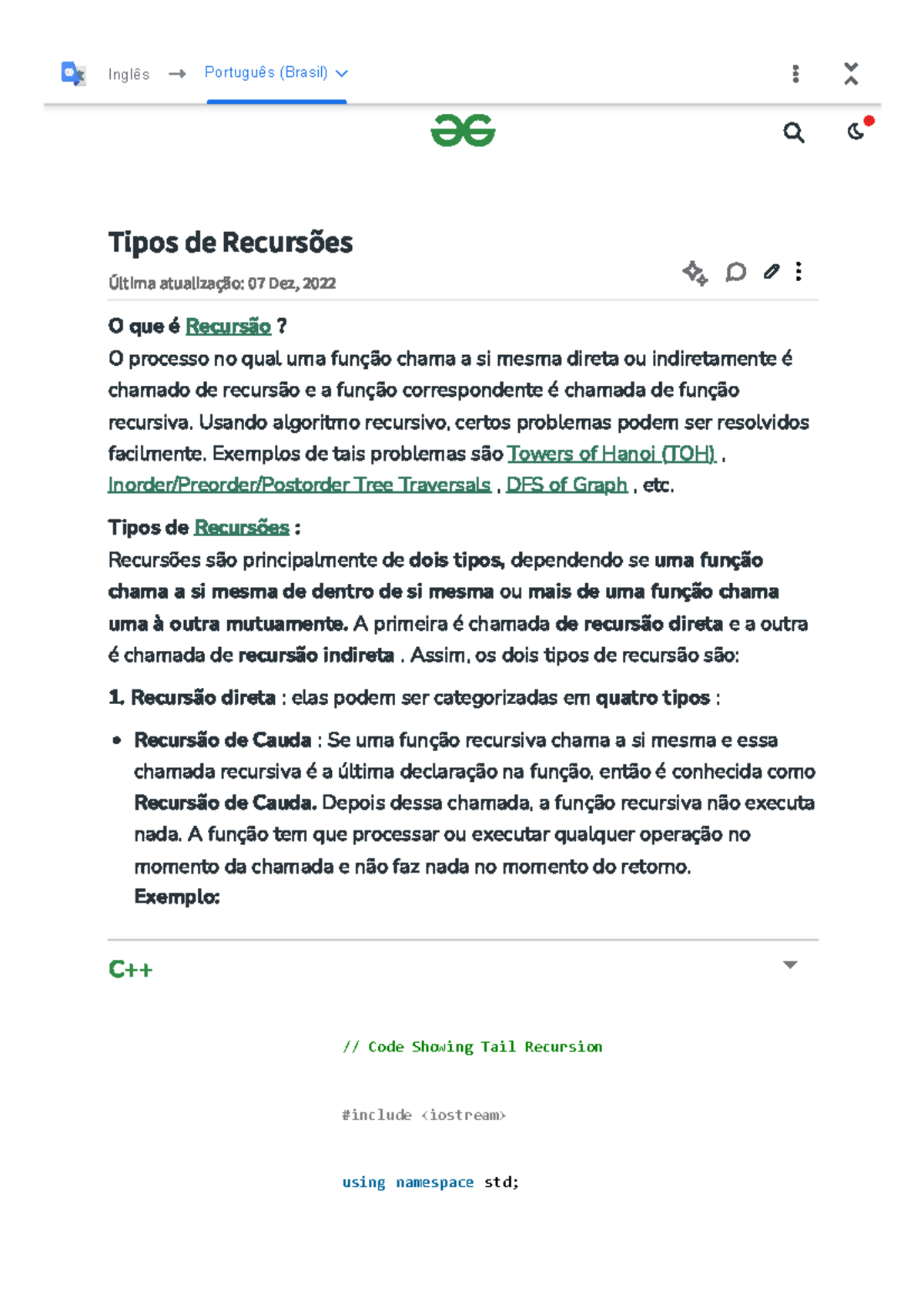 C Recursão - Geeksfor Geeks 2 - Tipos de Recursões Última atualização ...