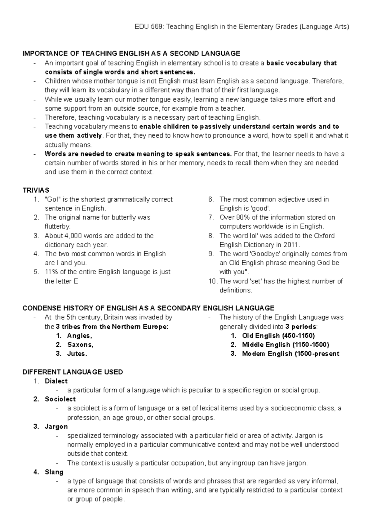 EDU 569 Teaching English in Elementary Grades: Prelim Study Notes - Studocu