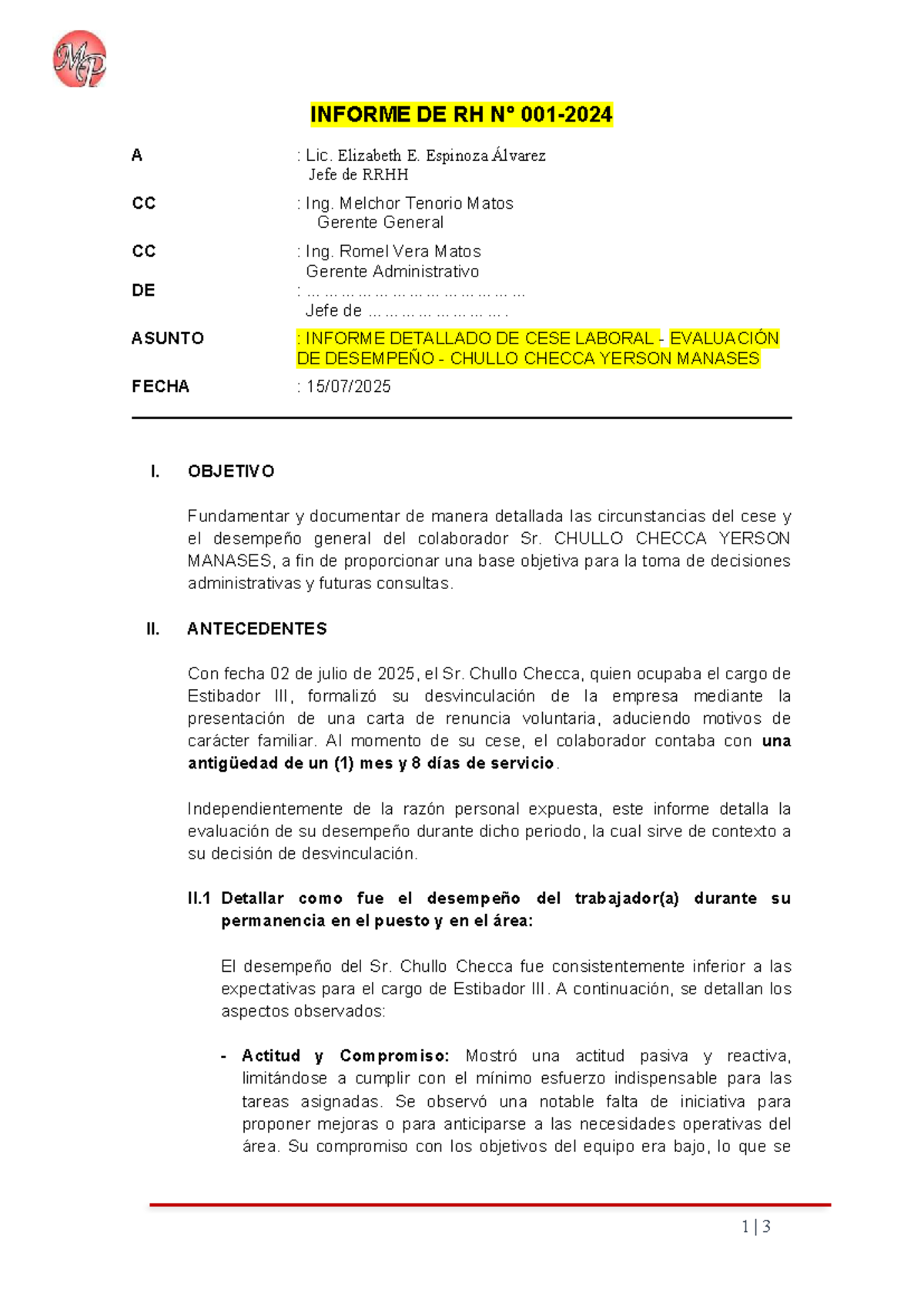 Informe Detallado de Cese Laboral y Evaluación de Desempeño - Document Preview