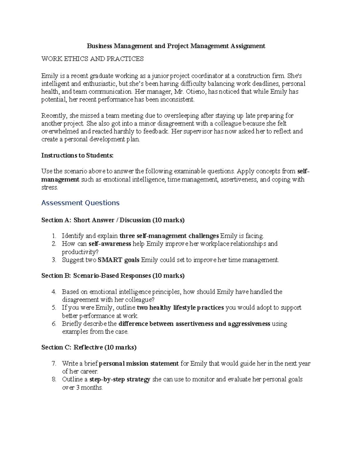 BUS 101: Project Management Assignment on Work Ethics & Practices - Studocu