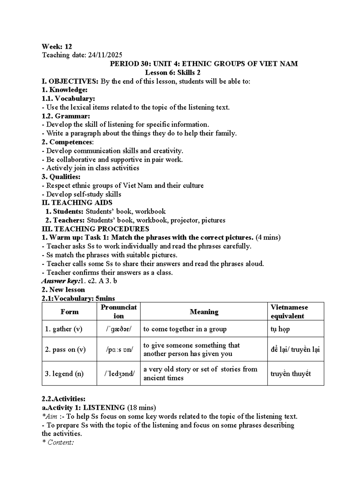 Week 12: Unit 4 - Ethnic Groups of Vietnam Lesson 6 Skills 2 - Studocu