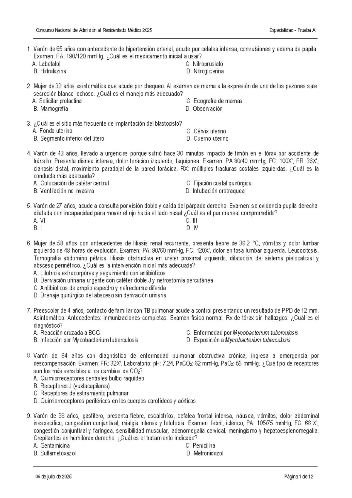 Concurso Nacional de Admisión al Residentado Médico 2025 - Prueba A (Sin Claves) - Document Preview