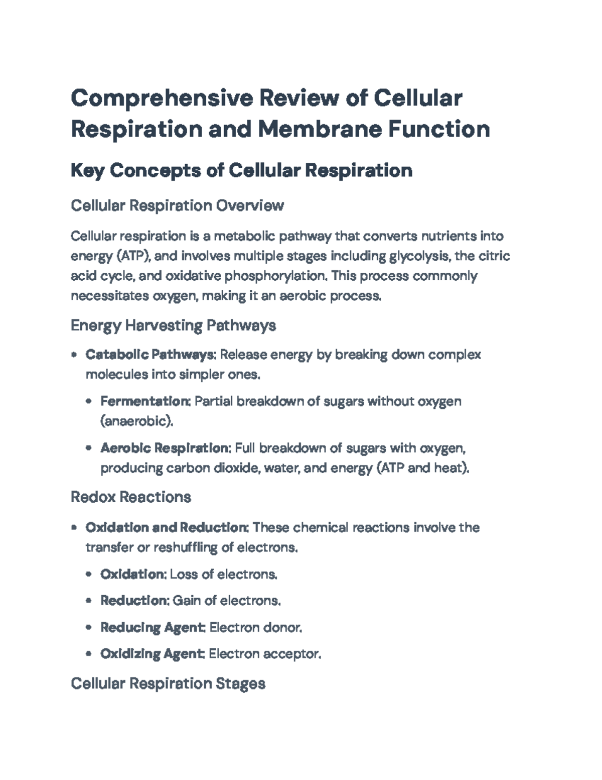 Cellular Respiration & Membrane Function Review for Biology 101 ...
