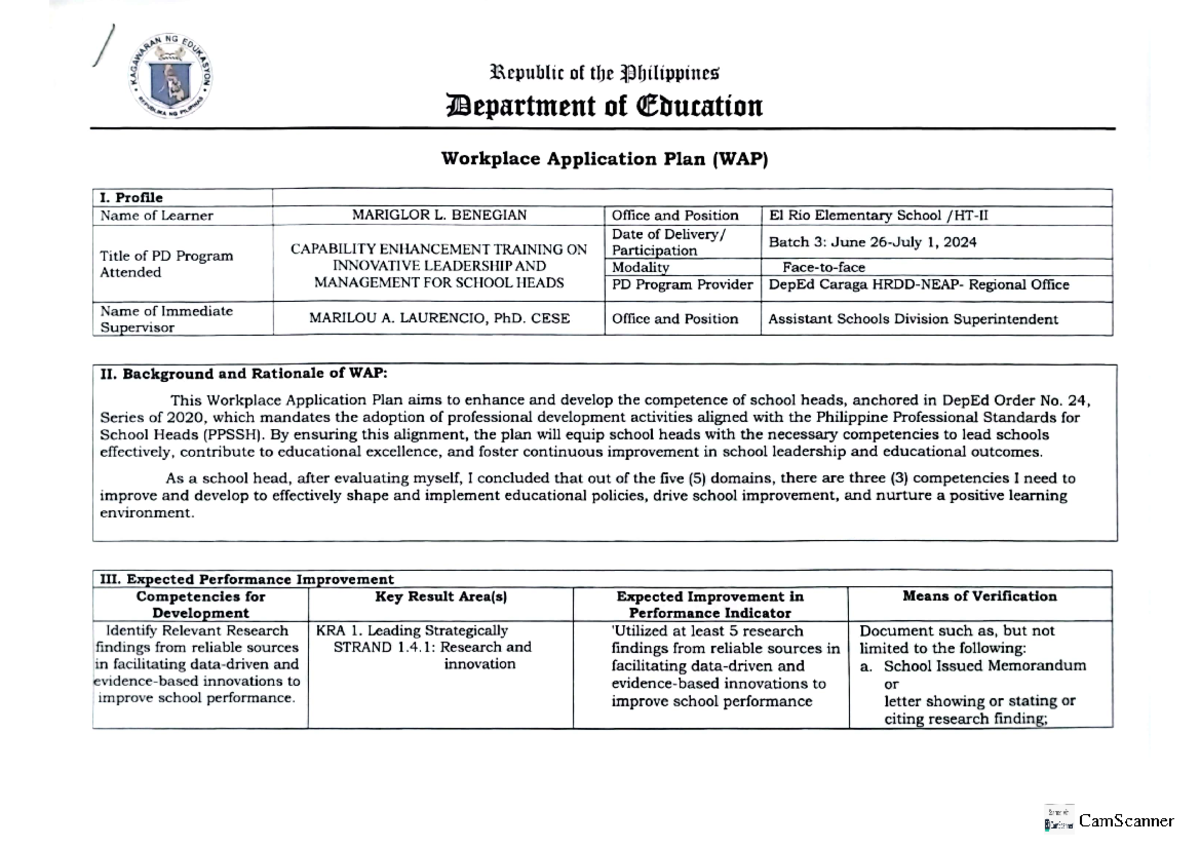 Workplace Application Plan for School Heads: Enhancing Competencies ...