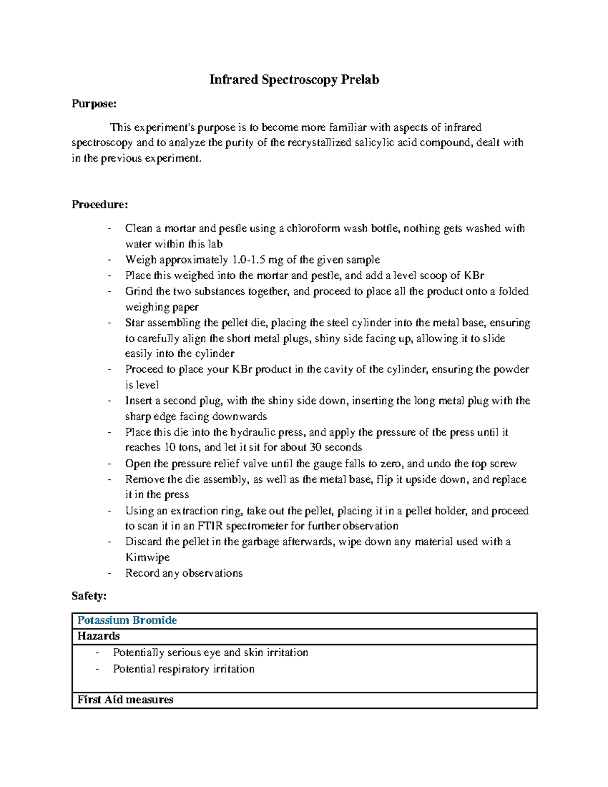 Prelab 2 - Infrared Spectroscopy Prelab Purpose: This experiment's ...