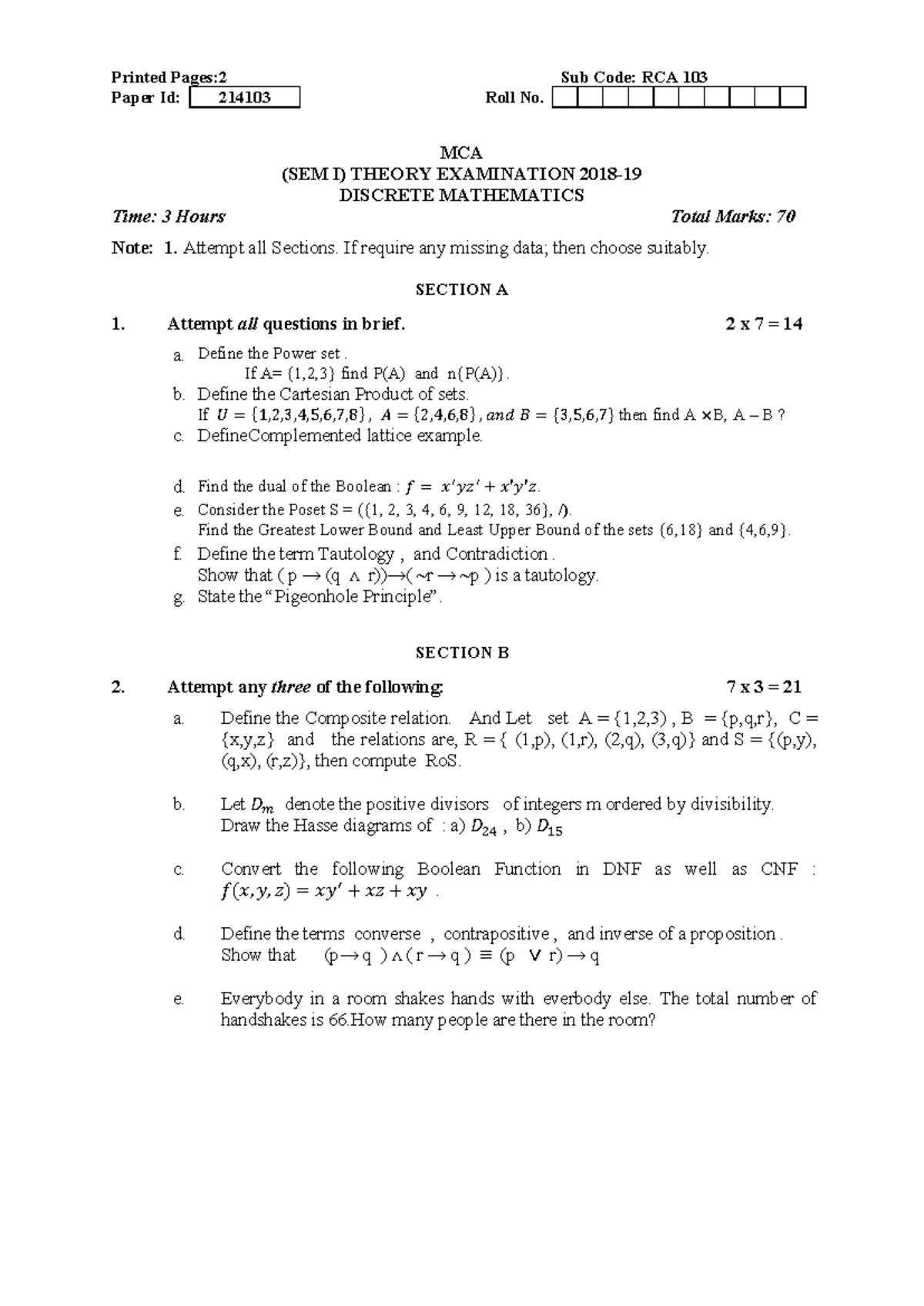 RCA 103 Discrete Mathematics Theory Exam Notes - MCA SEM I - Studocu