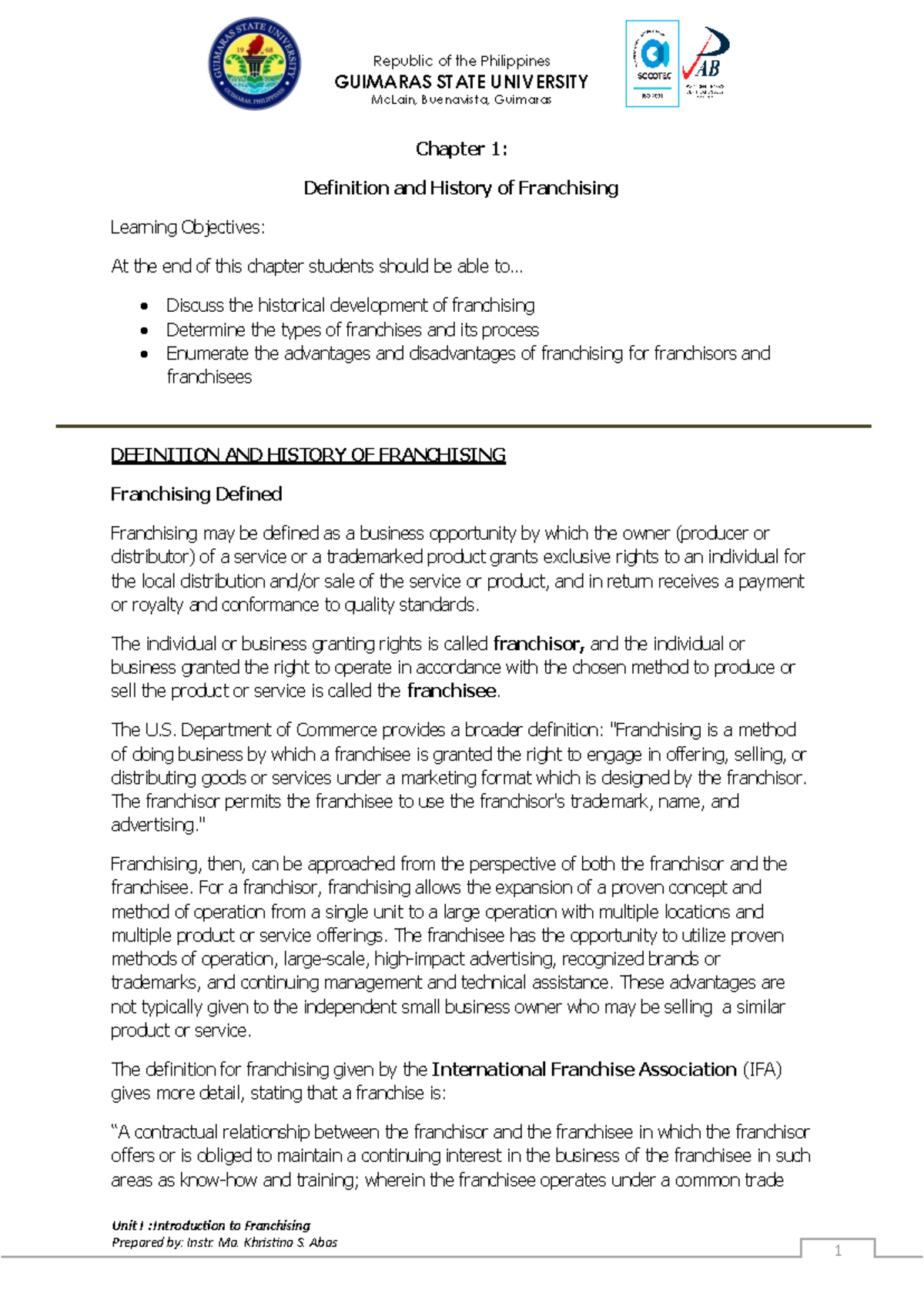 Chapter 1 - Intro to Franchising: Definition, History & Types - Studocu