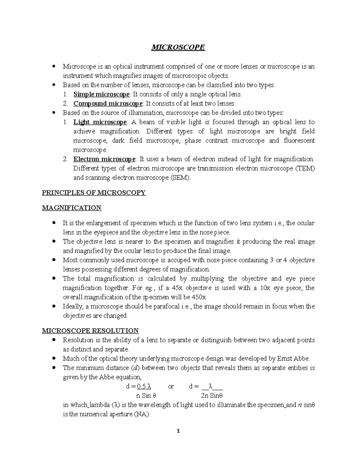 Microscope - Lecture notes - MICROSCOPE Microscope is an optical ...