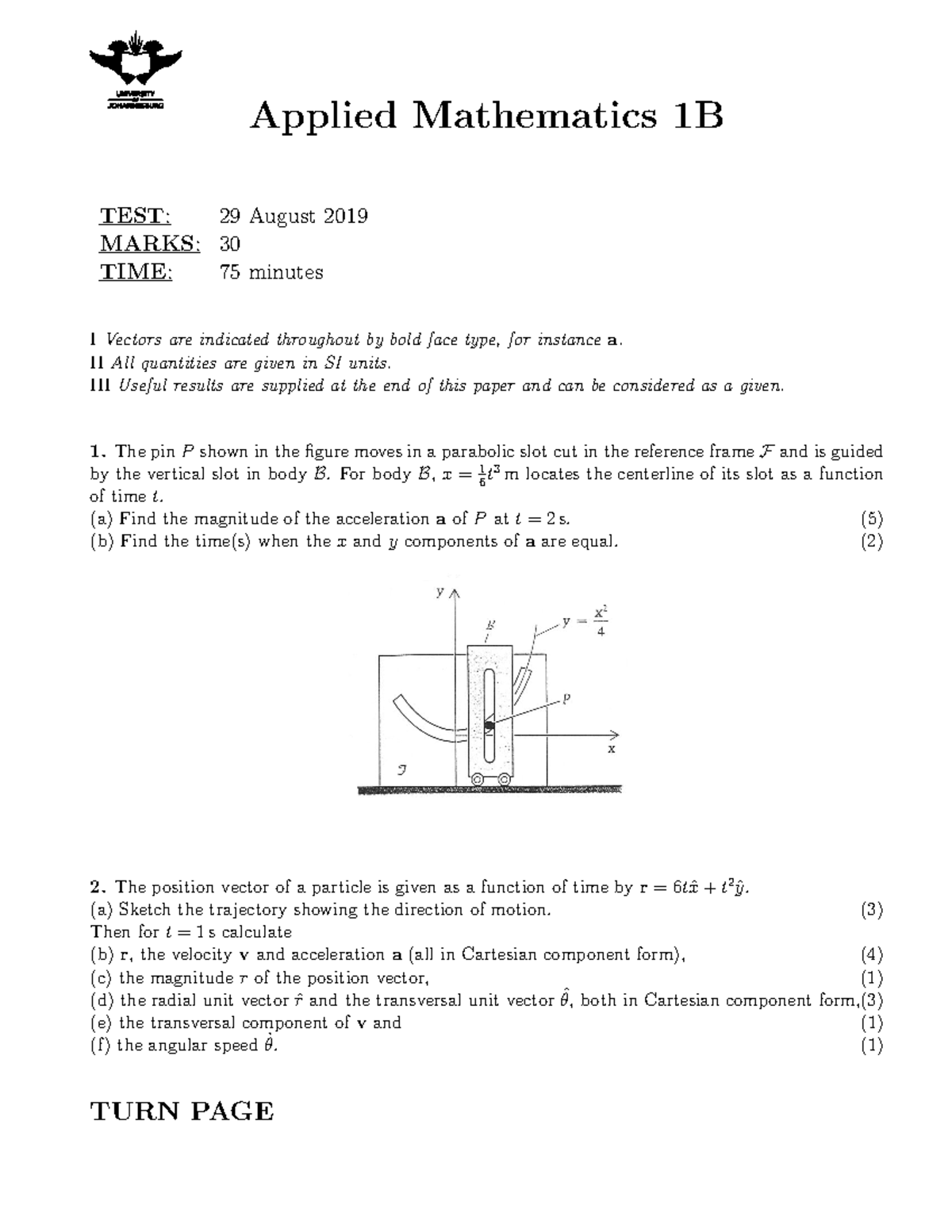 Applied Mathematics 1B - Past Semester Test Paper (29 Aug 2019) - Studocu