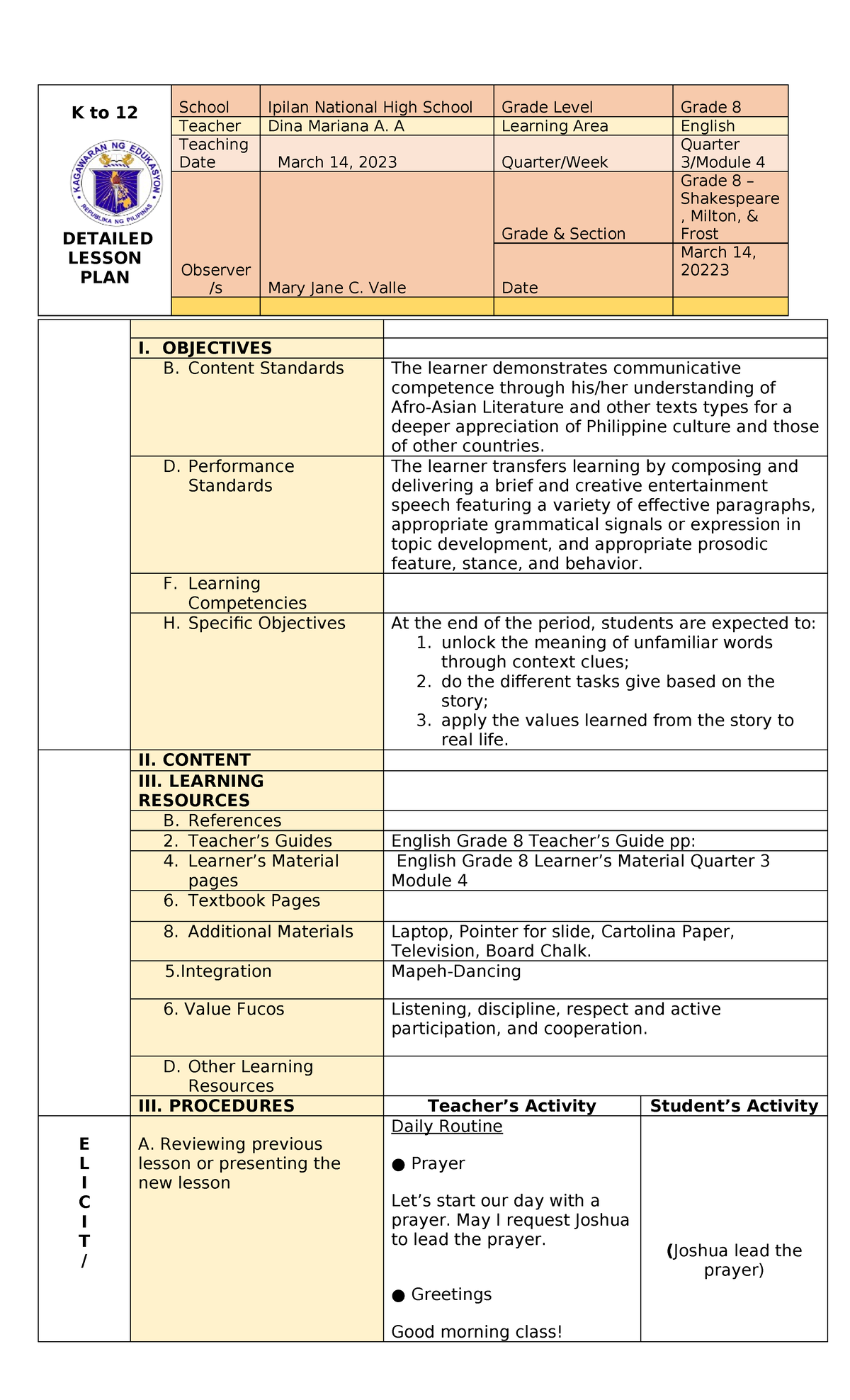 K to 12 Grade 8 English Detailed Lesson Plan on Literature - Studocu