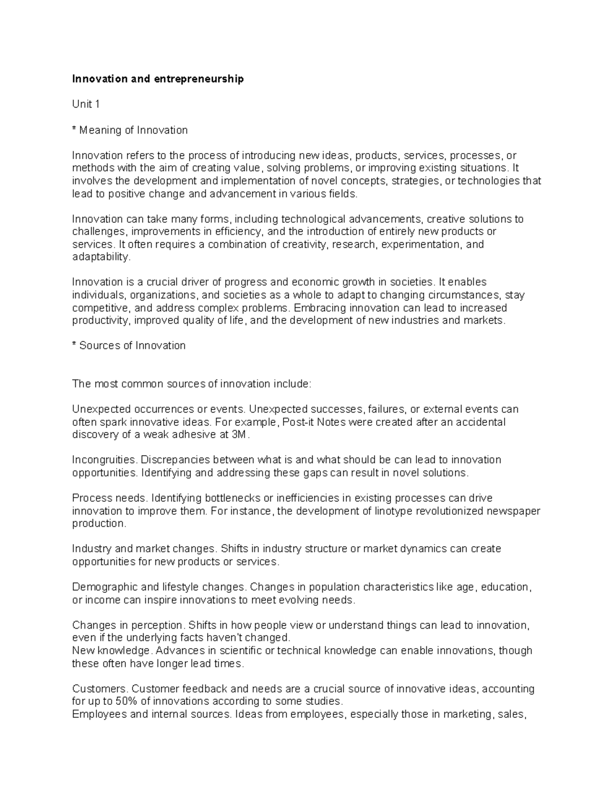 Innovation and Entrepreneurship: Unit 1 Overview and Key Concepts - Studocu