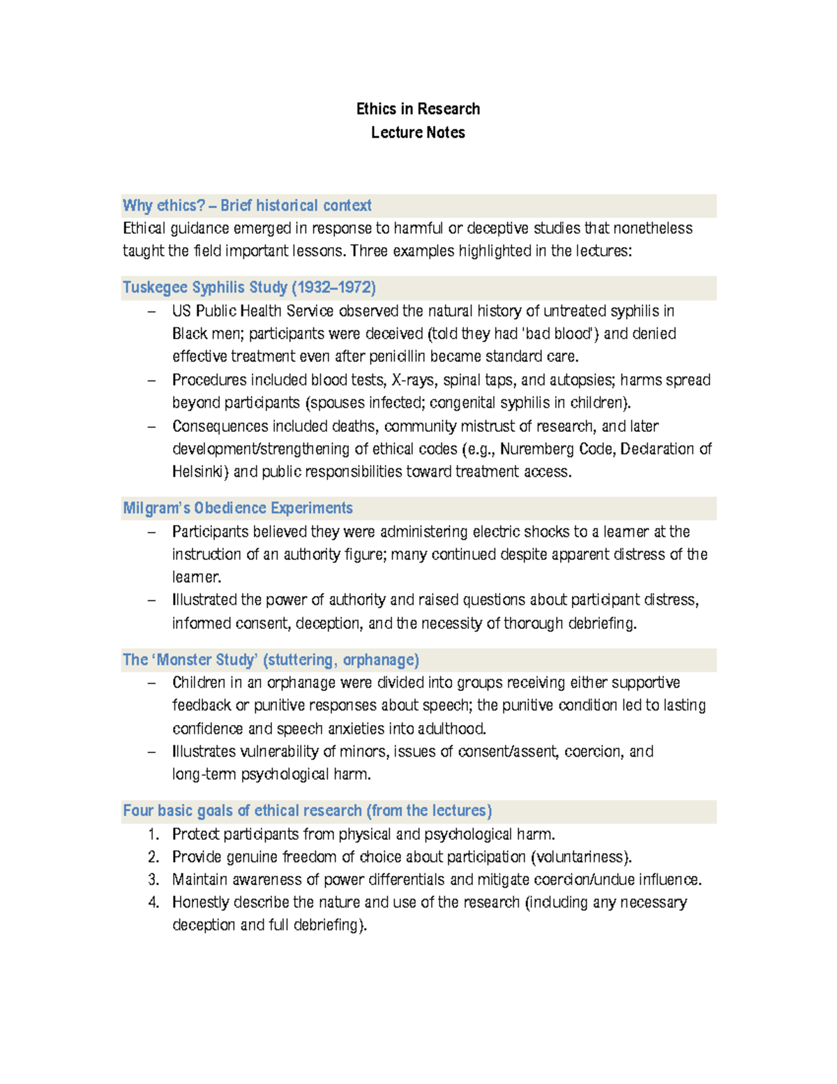 Ethics in Research (PSY 101) Lecture Notes: Key Concepts and Case ...
