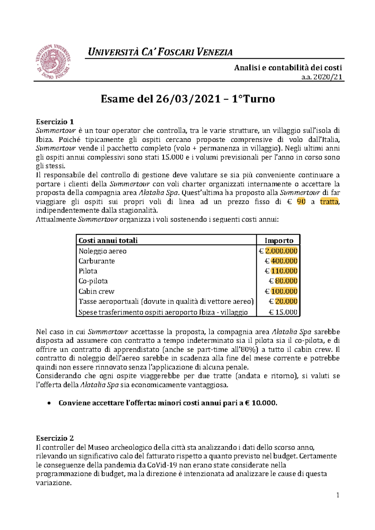 Simulazione Esame di Contabilità Costi 1° Turno - Soluzioni e Analisi ...