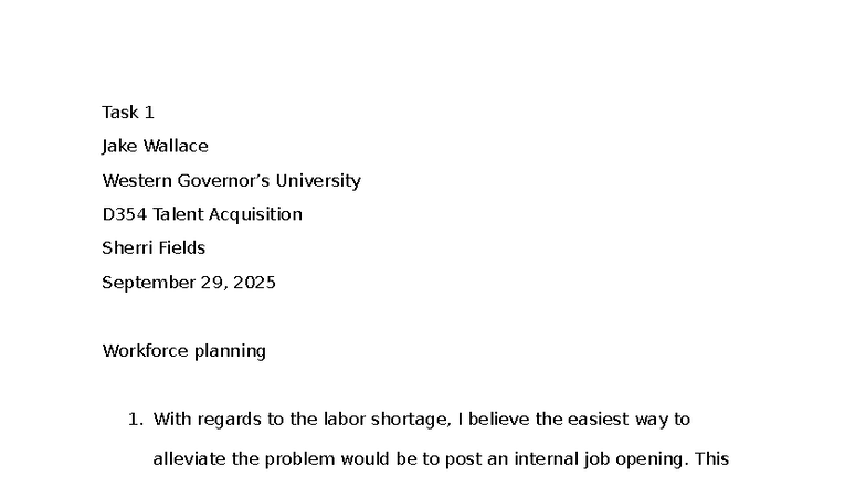 D354 Task 1: Workforce Planning and Job Analysis Strategies - Studocu
