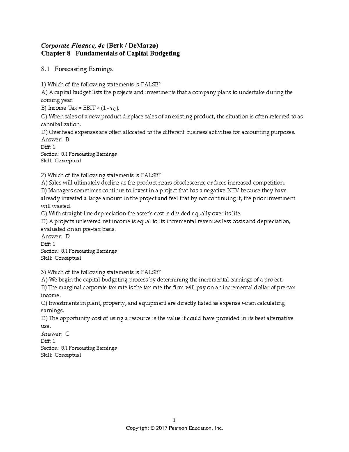 Chapter 8 - Capital Budgeting Test Questions and Answers - Studocu