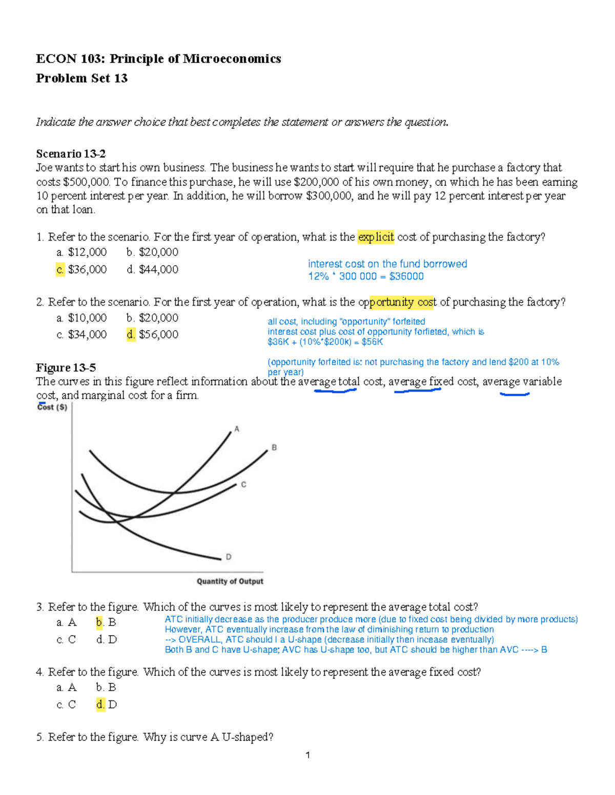 ECON 103: Microeconomics Problem Set 13 - Cost Analysis and Scenarios ...