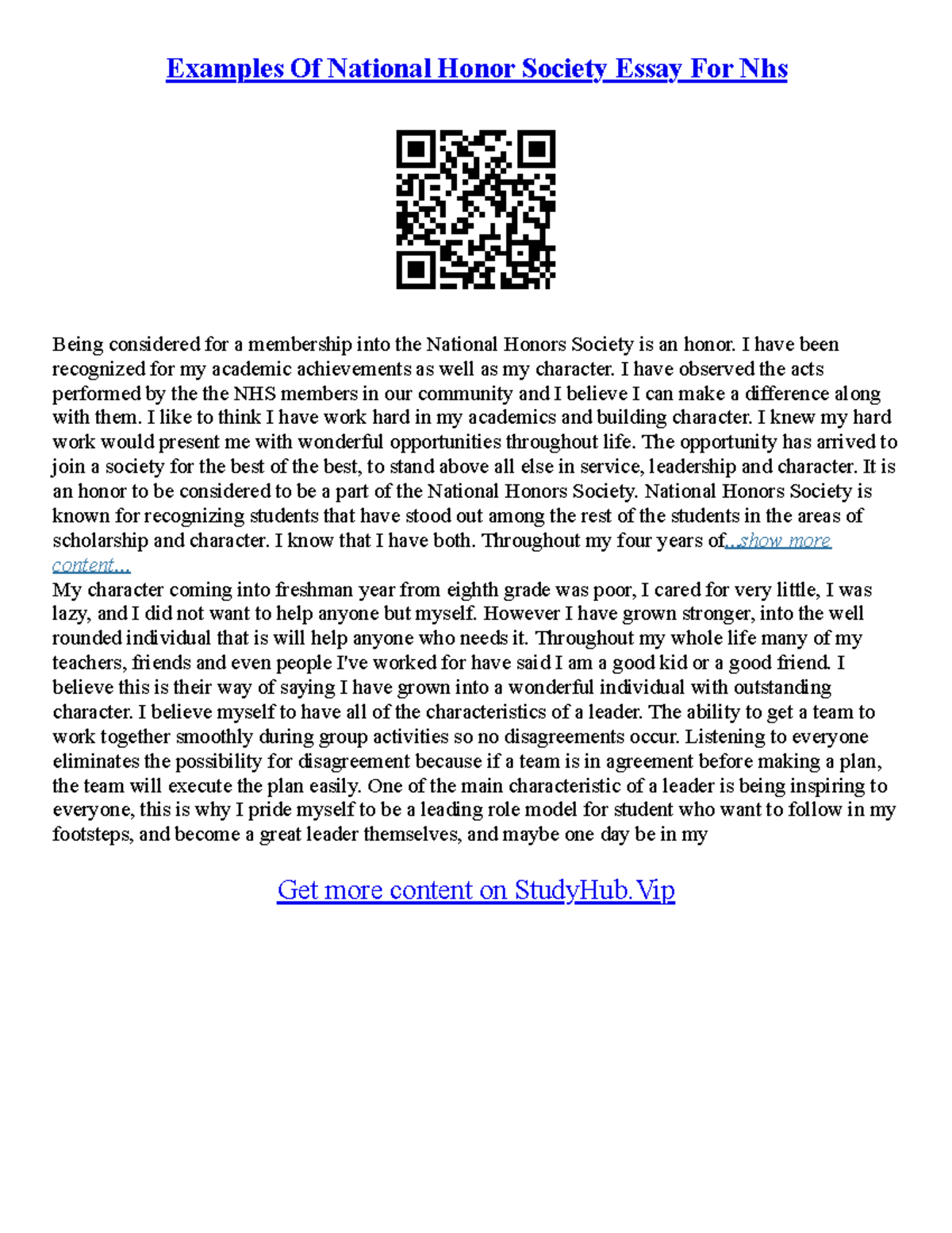 NHS Essay Samples: Insights for National Honor Society Applicants - Studocu