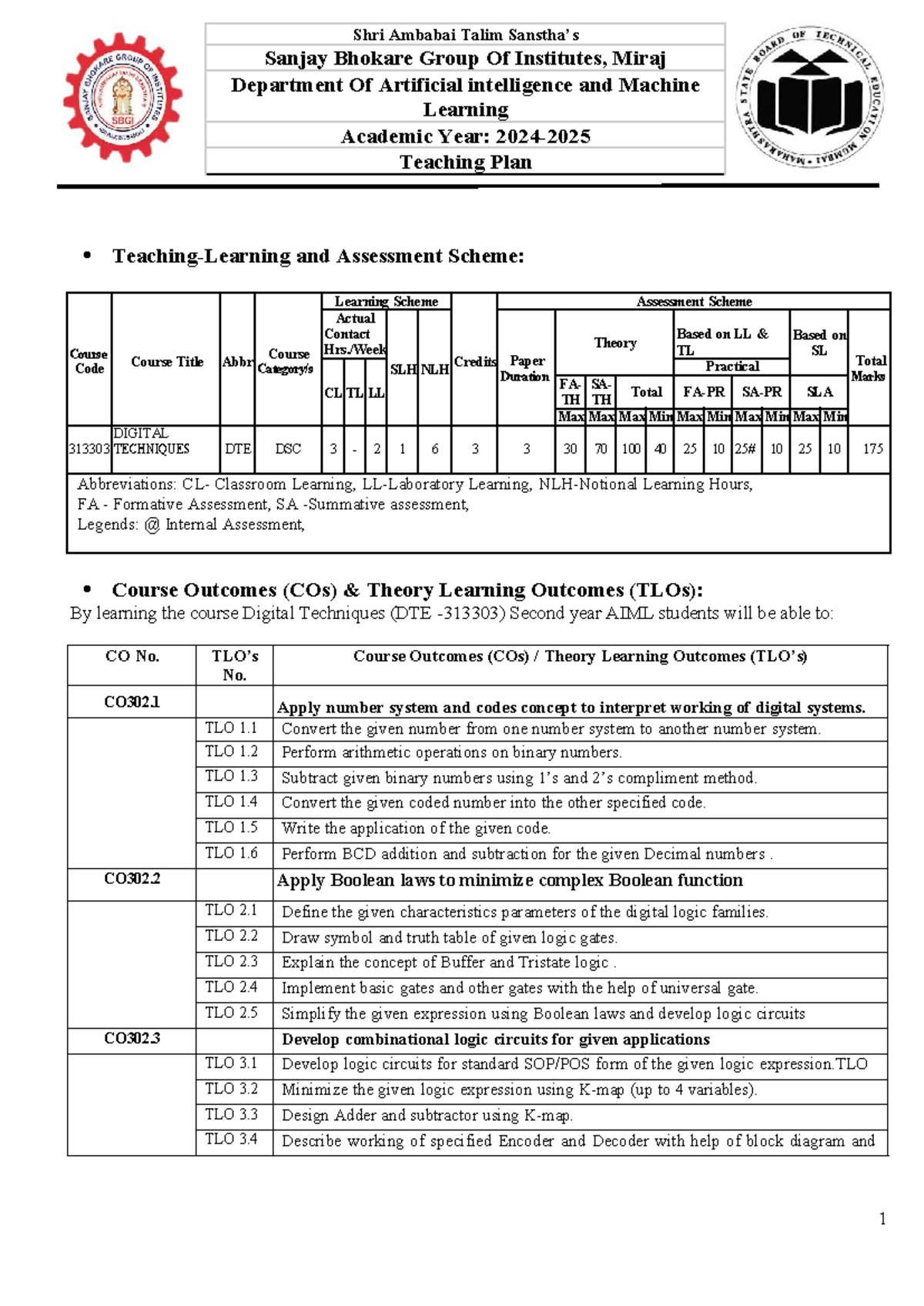 DTE 313303 Teaching Plan for Digital Techniques 2024-2025 - Studocu