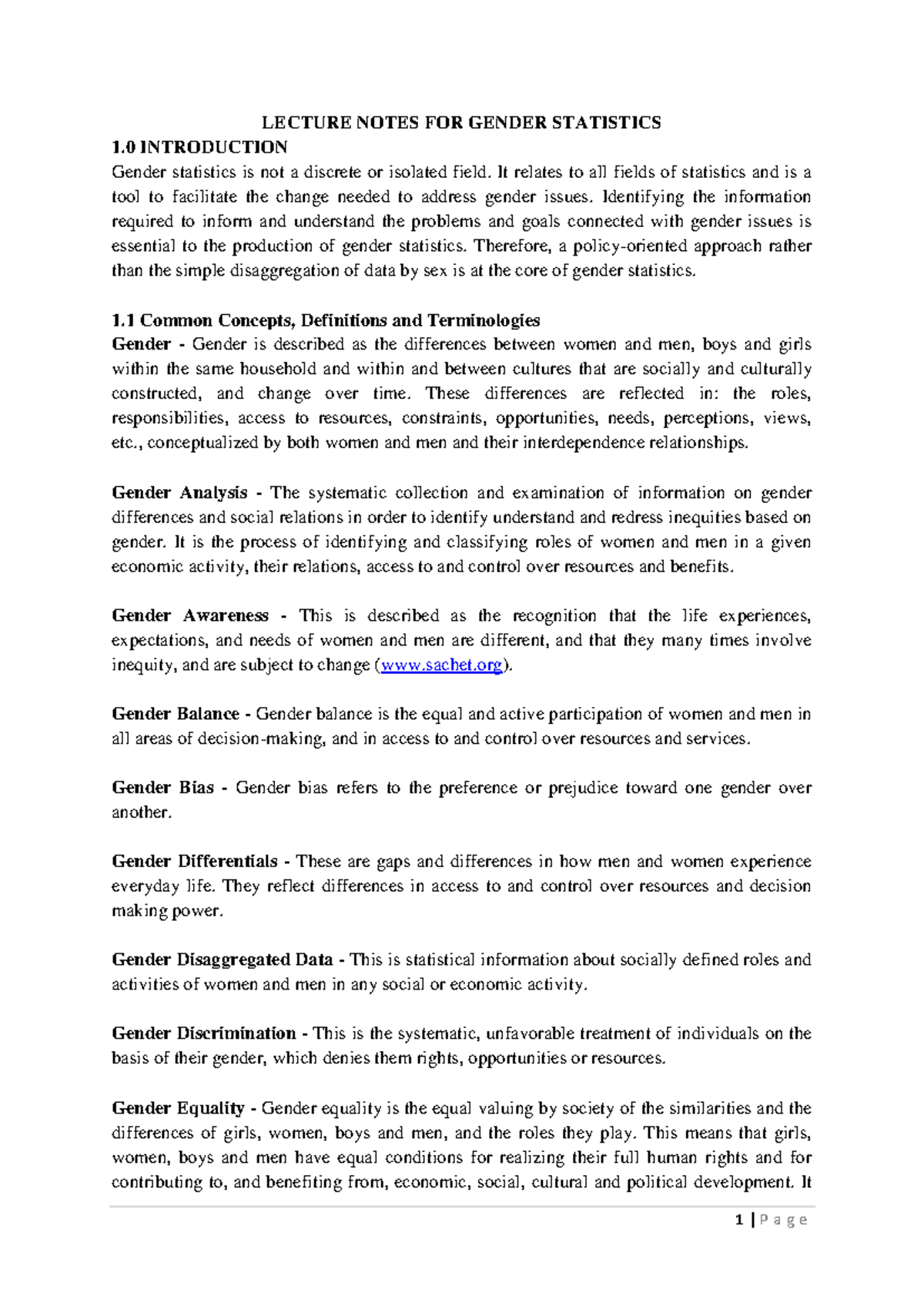 Lecture Notes on Gender Statistics 2020 - Key Concepts and Issues - Studocu