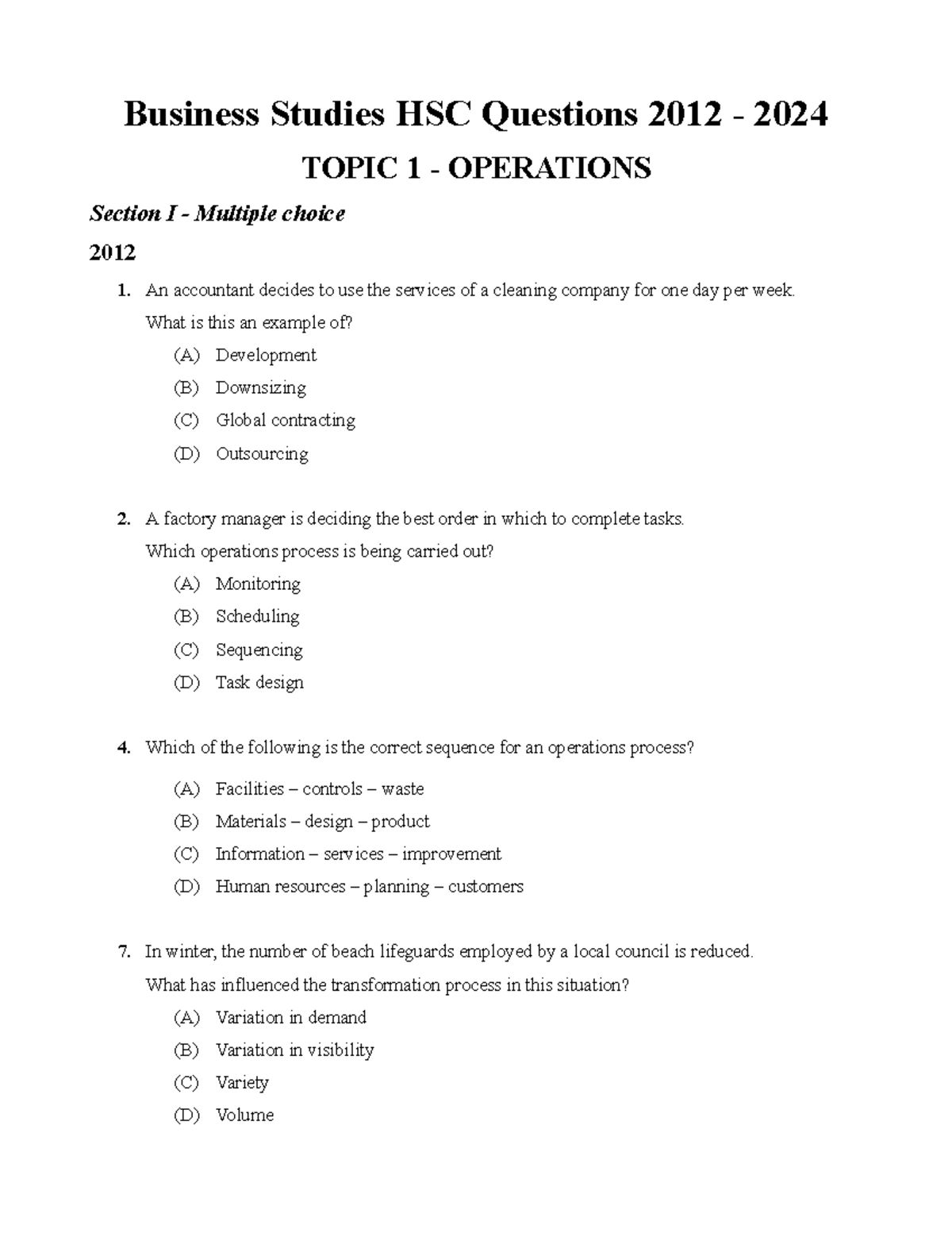 Business Studies HSC Questions 2012-2024: Operations Focused Exam Prep ...