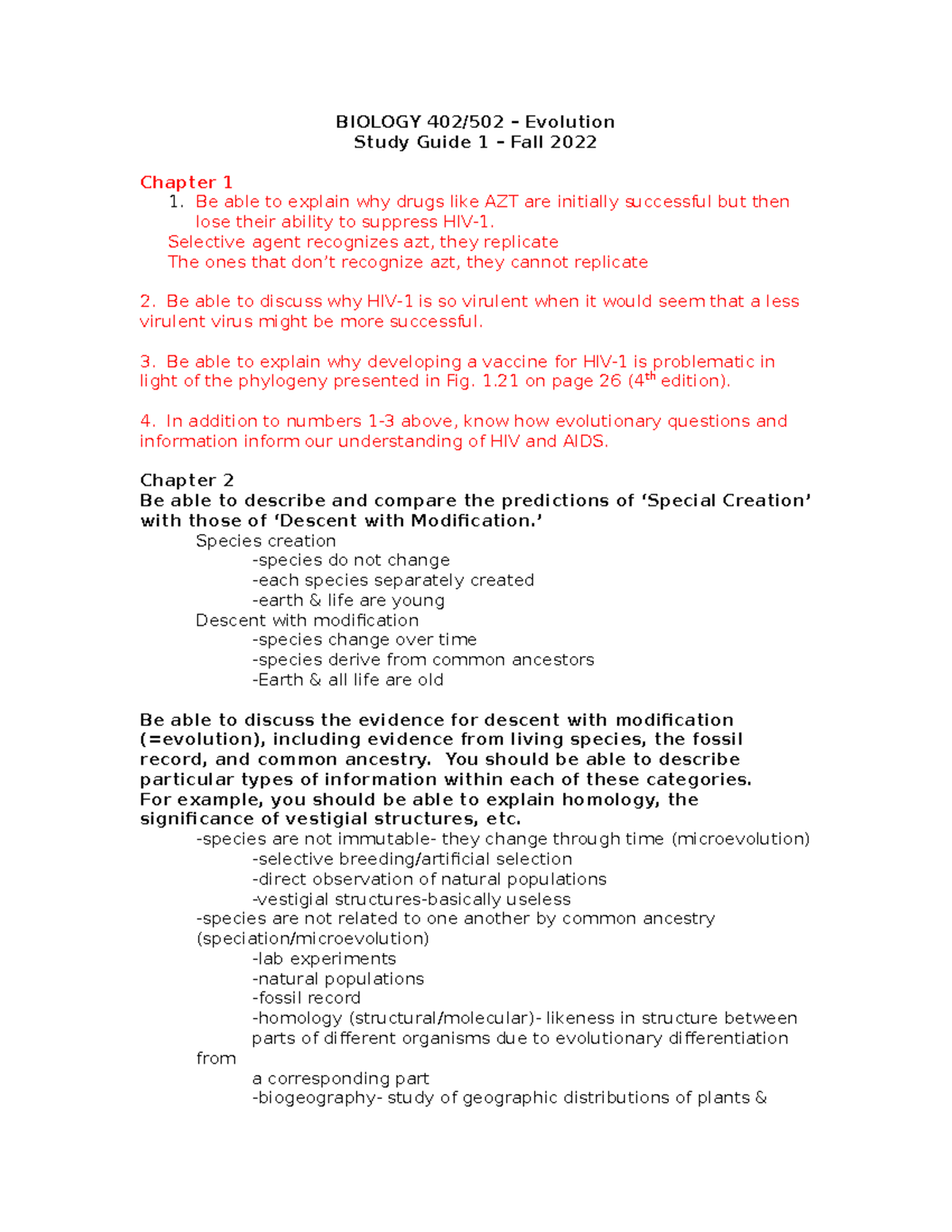 BIOLOGY 402/502 - Evolution Study Guide 1 for Fall 2022 - Studocu
