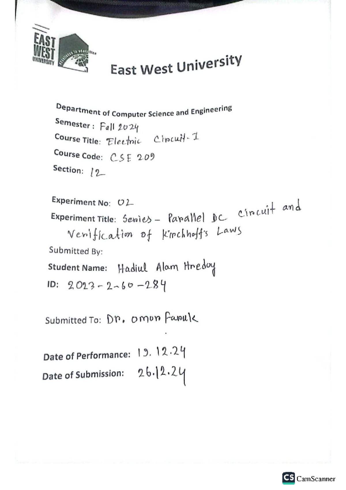 CSE 209 Lab Report 02: Parallel DC Circuit Verification - Studocu