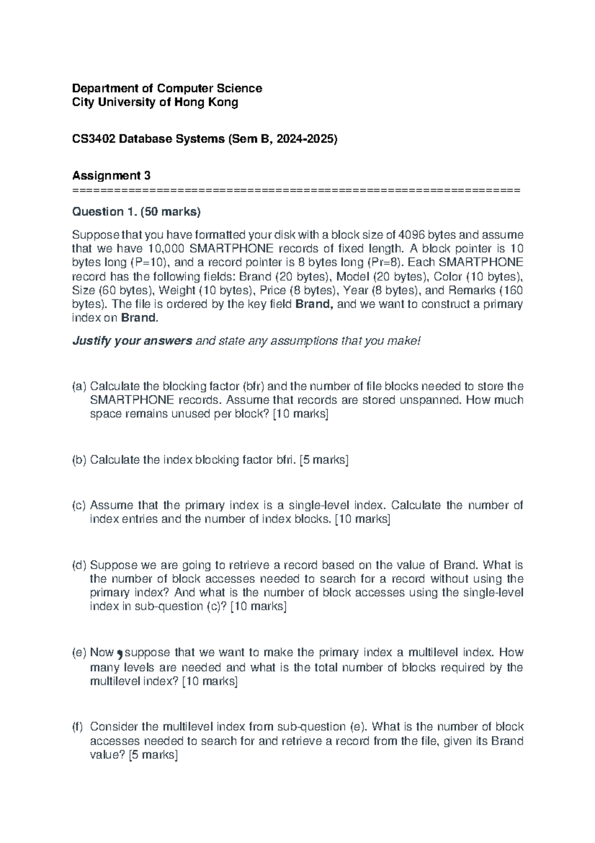 CS3402 Database Systems Assignment 3 Sem B Analysis and Questions - Studocu