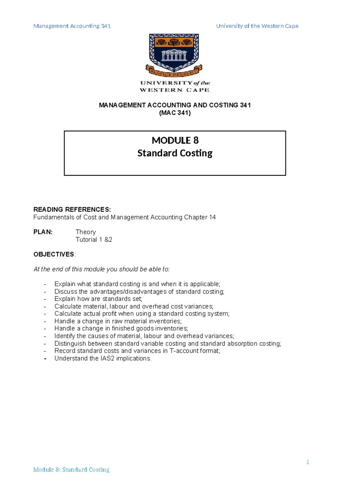 Module 8: Standard Costing in Management Accounting (MAC 341) 2023 ...