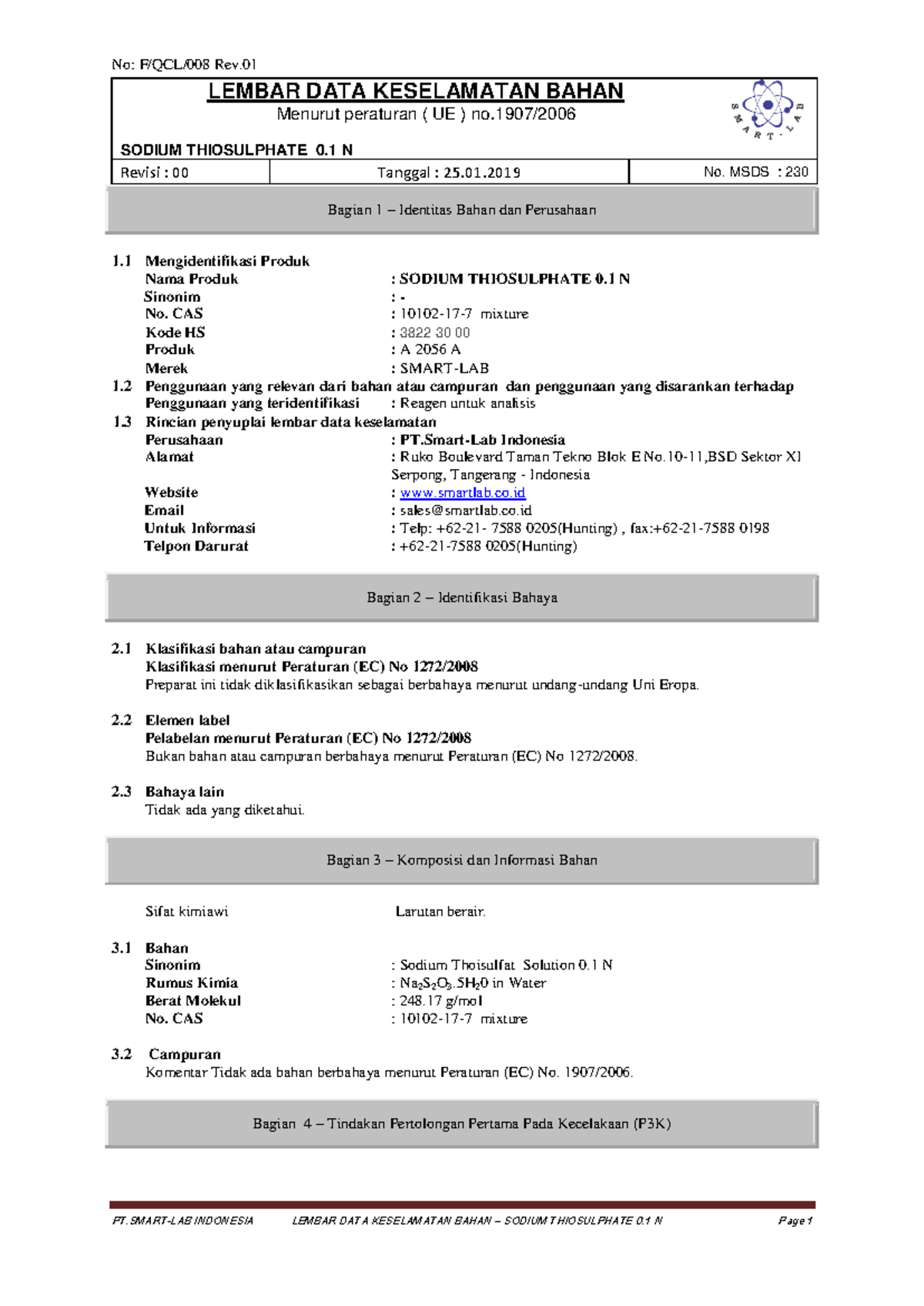 MSDS Sodium Thiosulphate 0.1 N - Safety Data Sheet Analysis - Document Preview