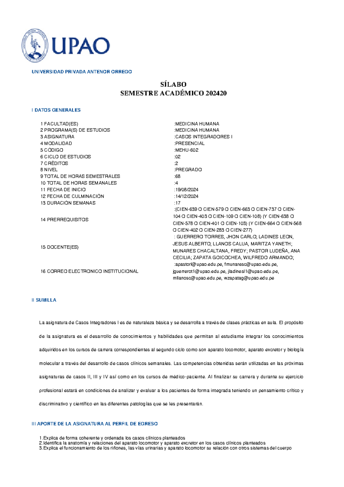 Sílabo de Casos Integradores I - Medicina Humana MEHU-2024 - Document Preview