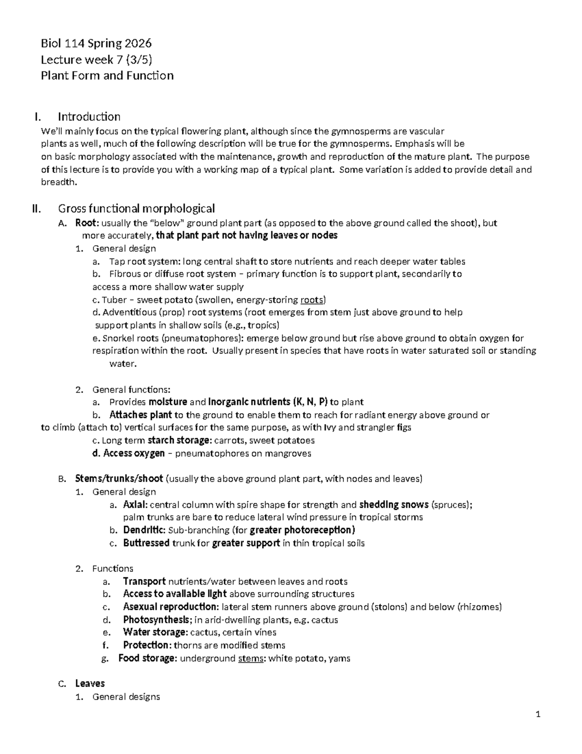 Biol 114 Spring 2026 Lecture Week 7: Plant Form & Function Notes - Studocu