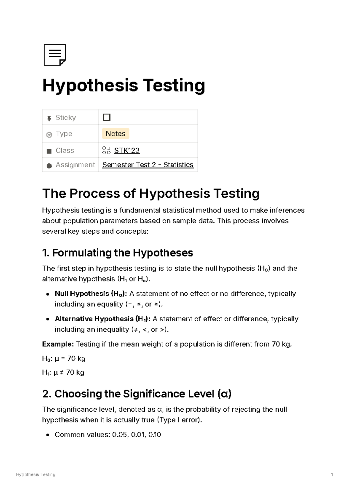 STK Semester Test 2: Hypothesis Testing Overview & Key Concepts - Studocu