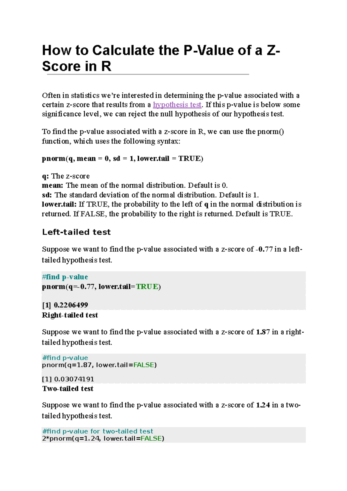 Calculating P-Values for Z-Scores in R: A Guide - Studocu