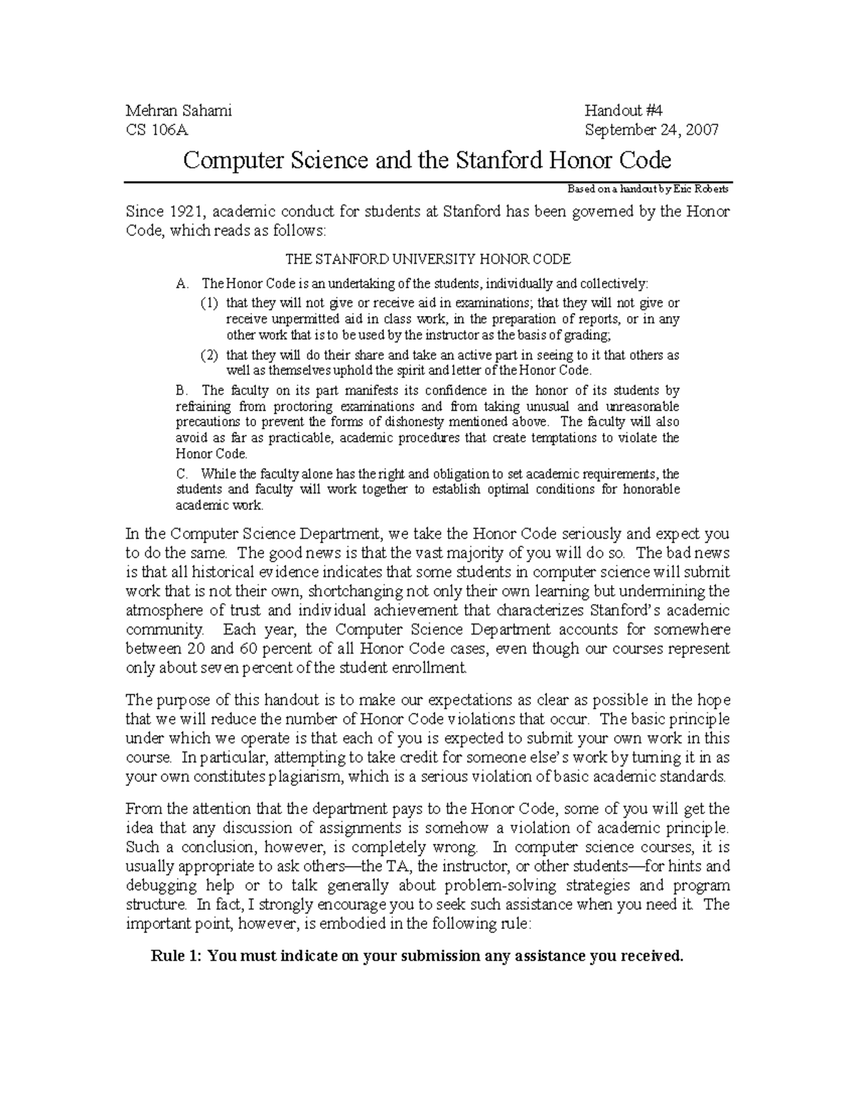 CS 106A Honor Code Guidelines - Important Notes for Students - Studocu