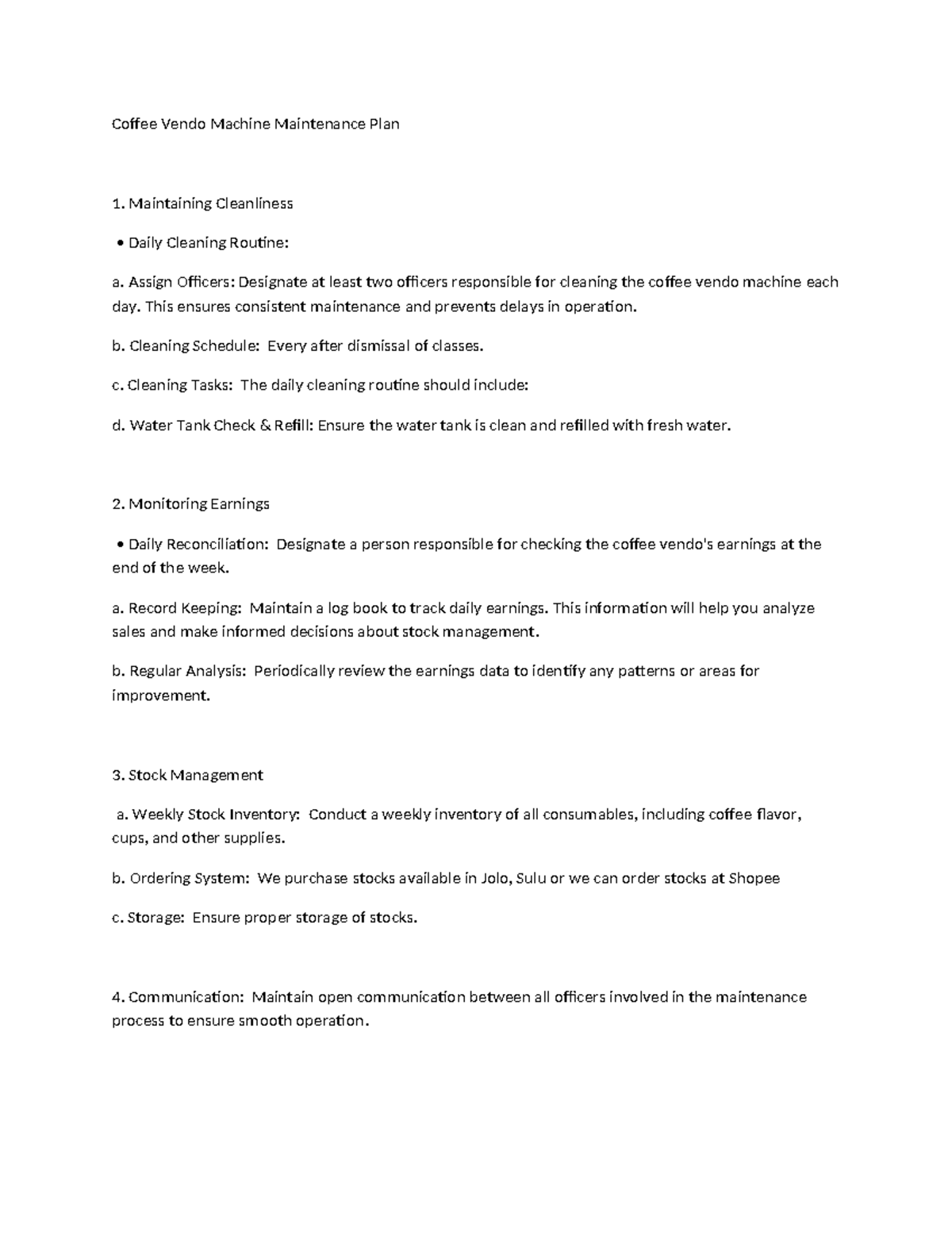 Coffee Vendo Machine Maintenance Plan Overview and Best Practices - Studocu