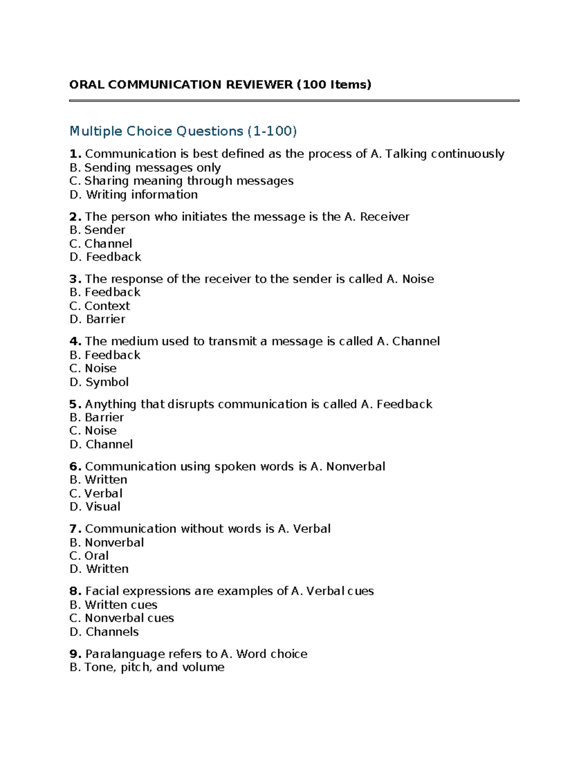 ORAL COMMUNICATION REVIEWER (100 MCQs) for Exam Prep - Studocu